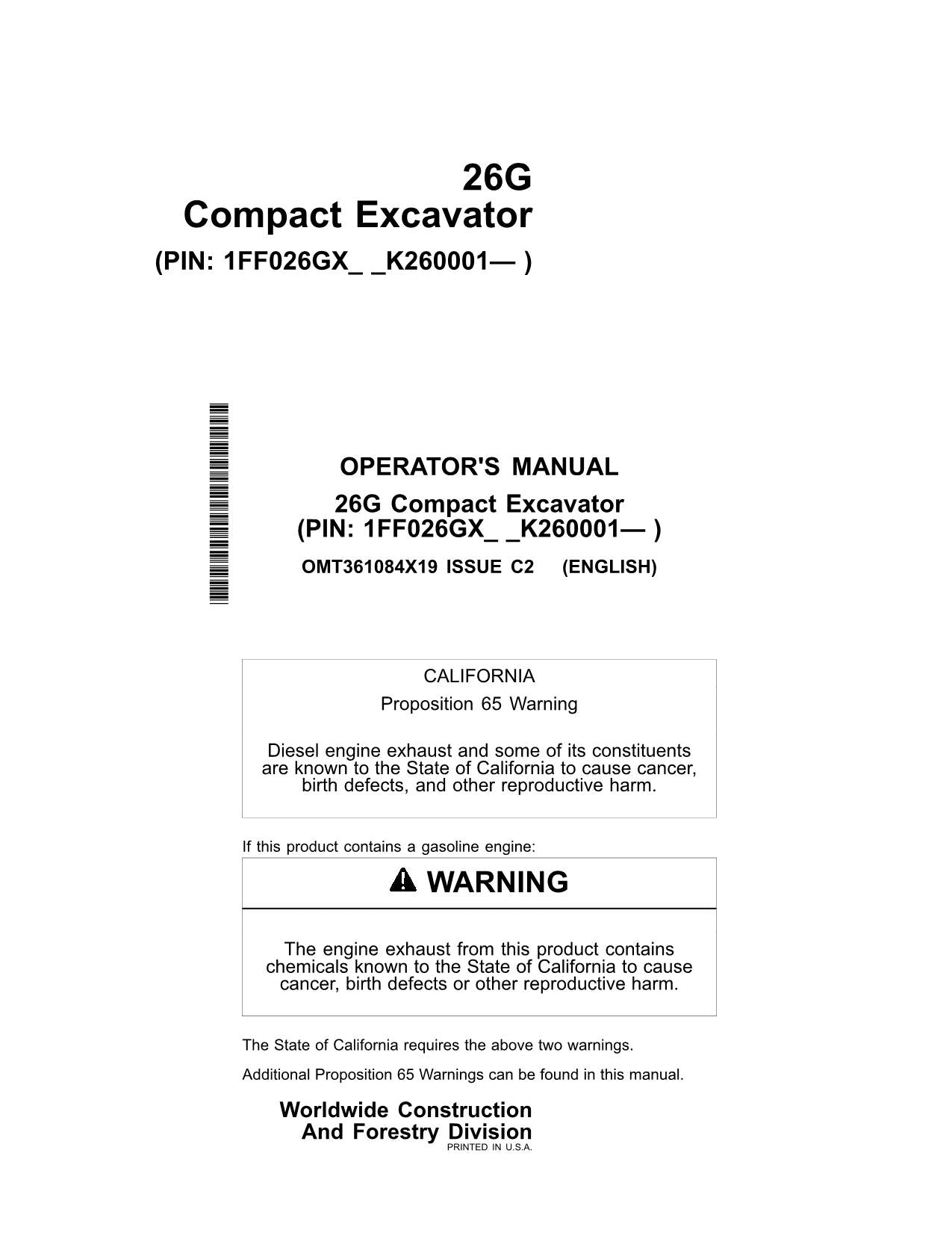 JONH DEERE 26G EXCAVATOR OPERATORS MANUAL