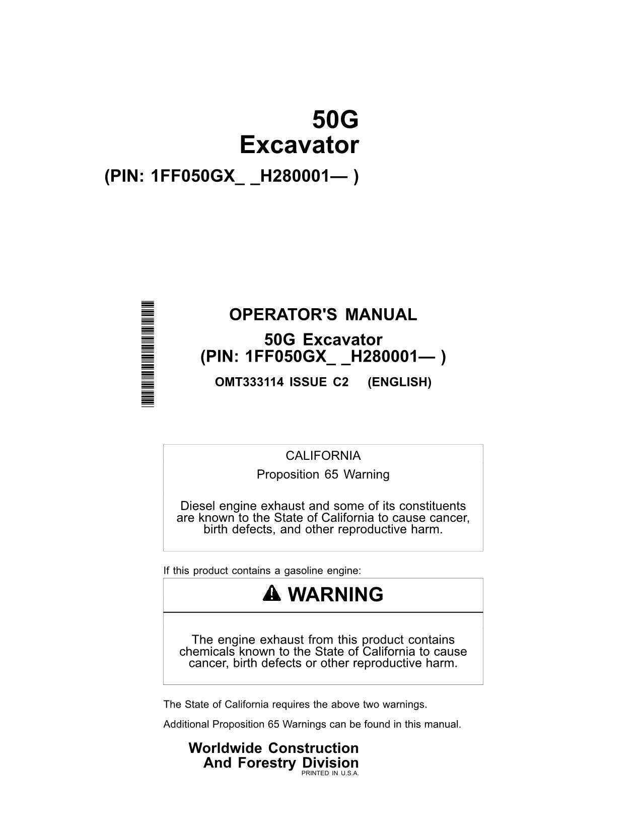 JONH DEERE 50G EXCAVATOR OPERATORS MANUAL