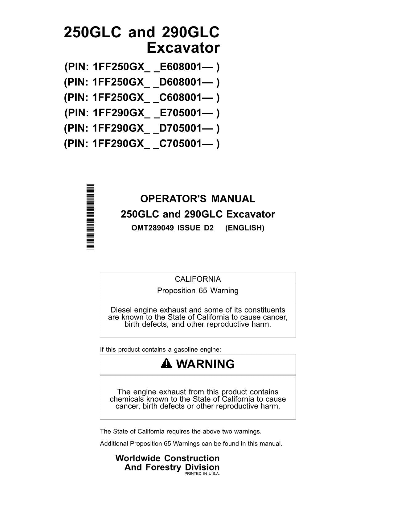 JONH DEERE 250GLC 290GLC EXCAVATOR OPERATORS MANUAL