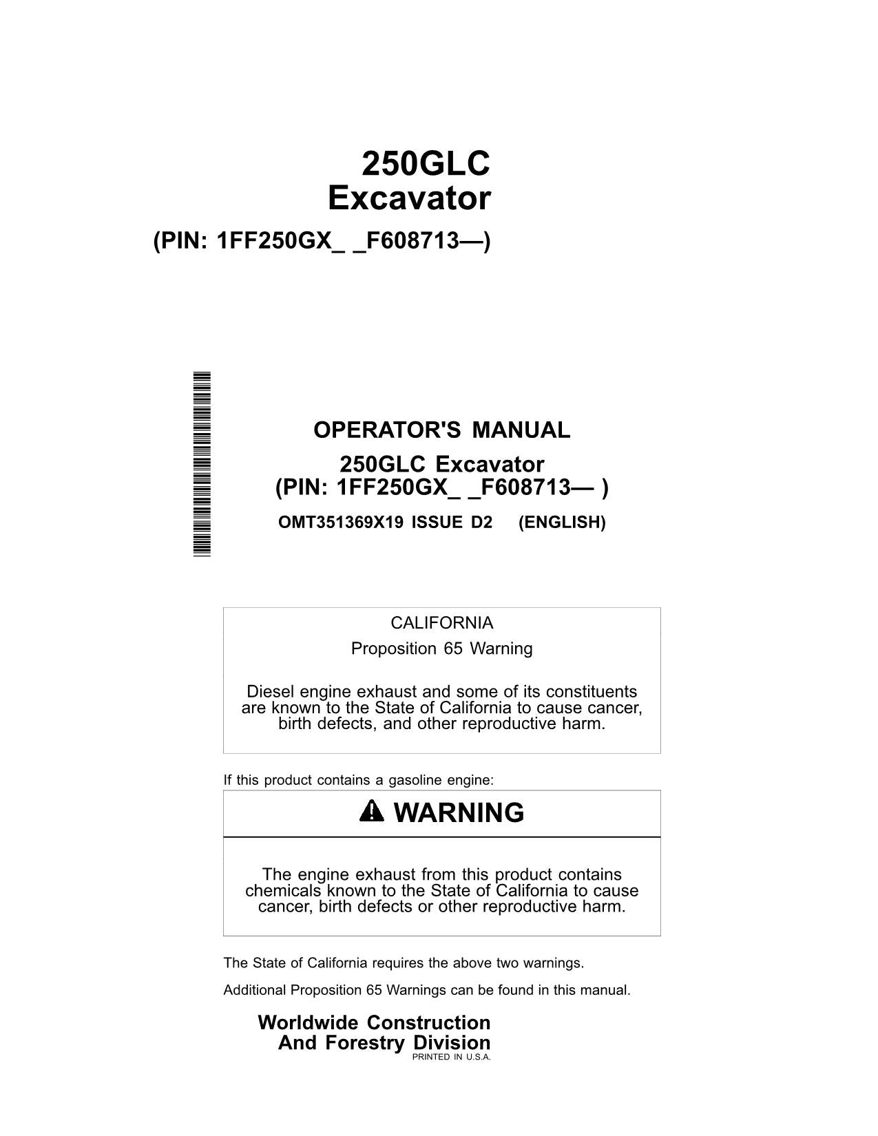 JONH DEERE 250GLC EXCAVATOR OPERATORS MANUAL #1