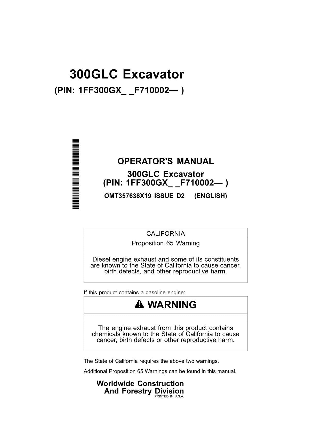 JONH DEERE 300GLC EXCAVATOR OPERATORS MANUAL