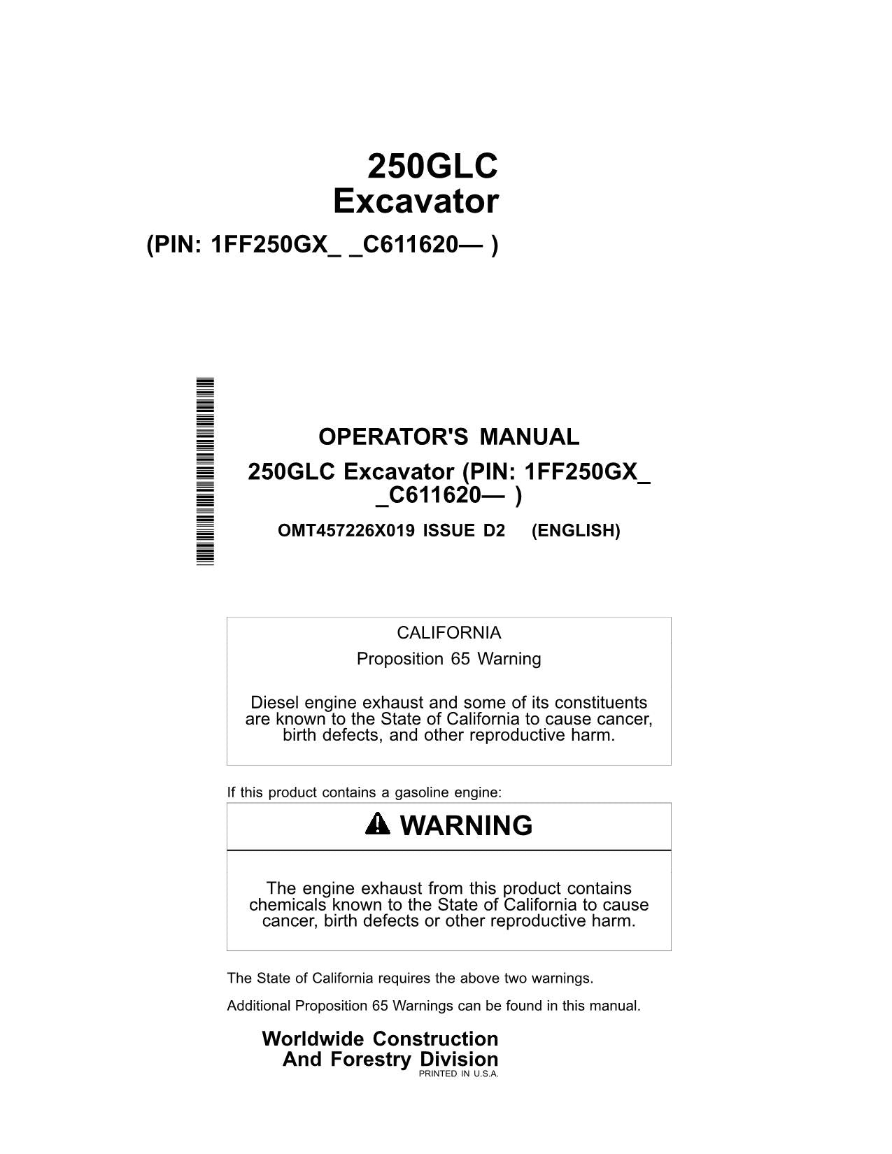 JONH DEERE 250GLC EXCAVATOR OPERATORS MANUAL #2