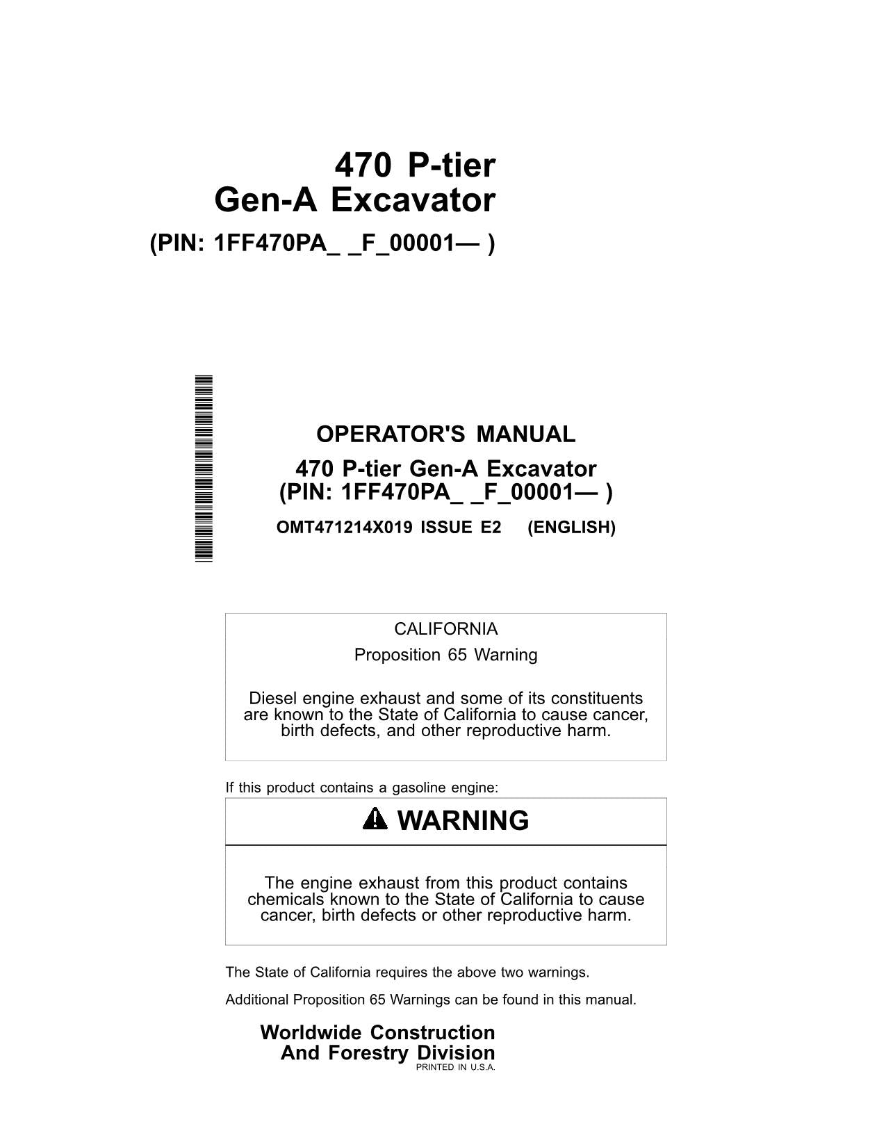 JONH DEERE 470 P EXCAVATOR OPERATORS MANUAL