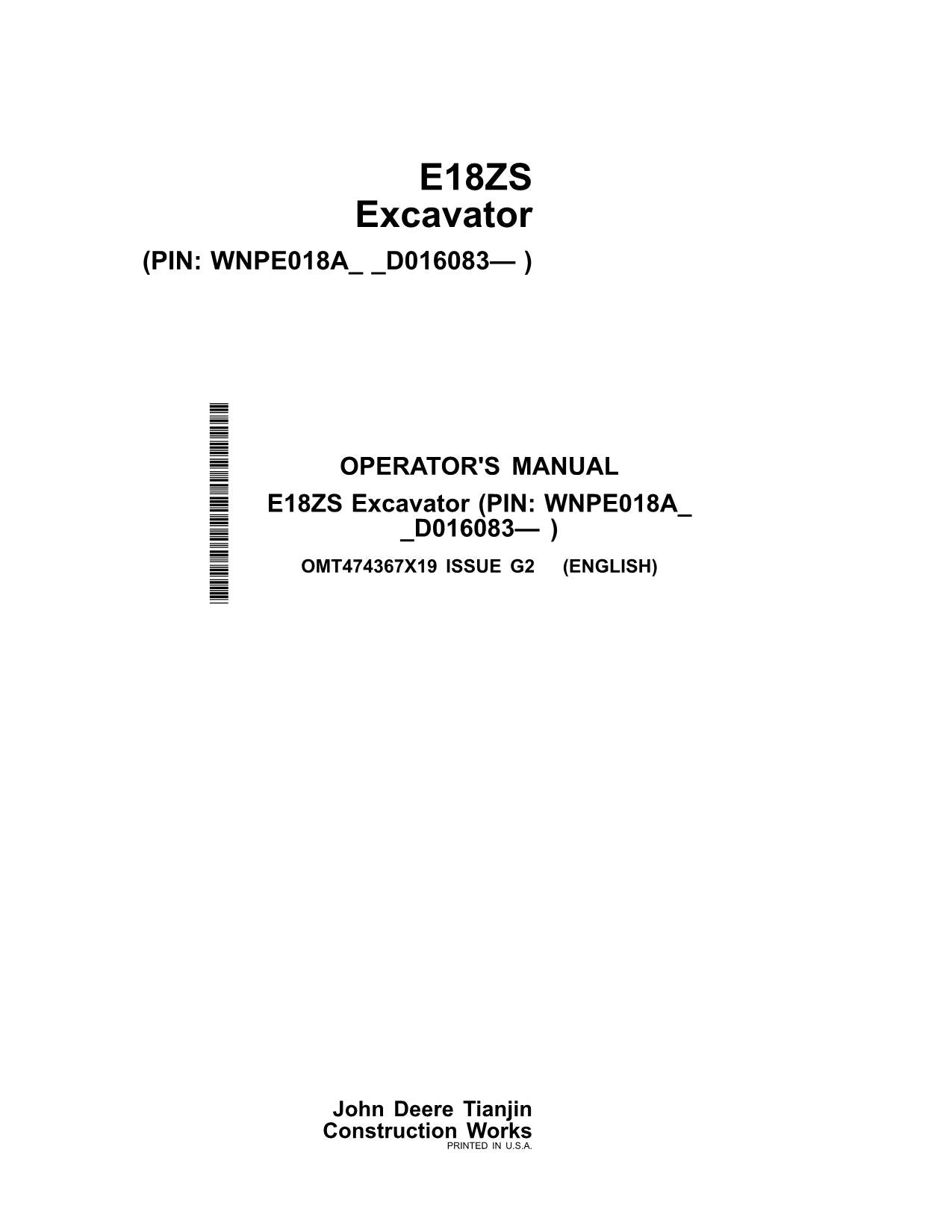 MANUEL D'UTILISATION DE L'EXCAVATRICE JONH DEERE E18ZS