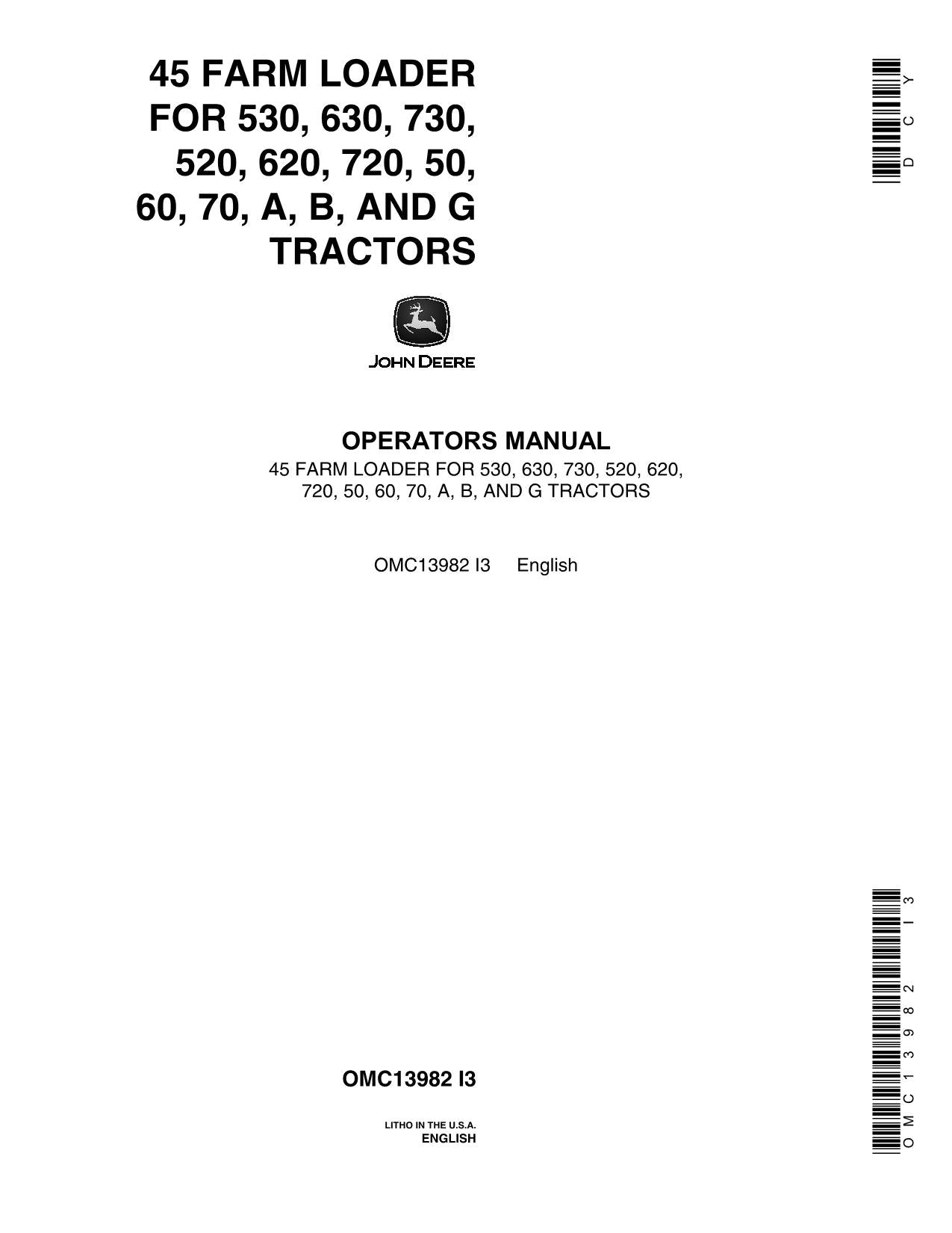 JOHN DEERE 45 520 530 60 620 630 70 720 730 B G A 50 TRACTOR OPERATORS MANUAL