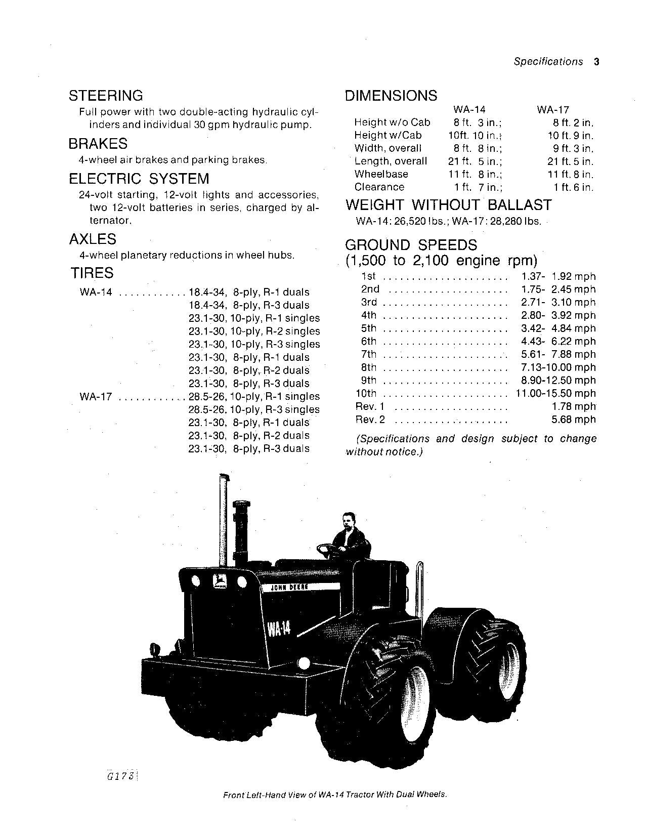 MANUEL D'UTILISATION DU TRACTEUR JOHN DEERE WA14 WA17