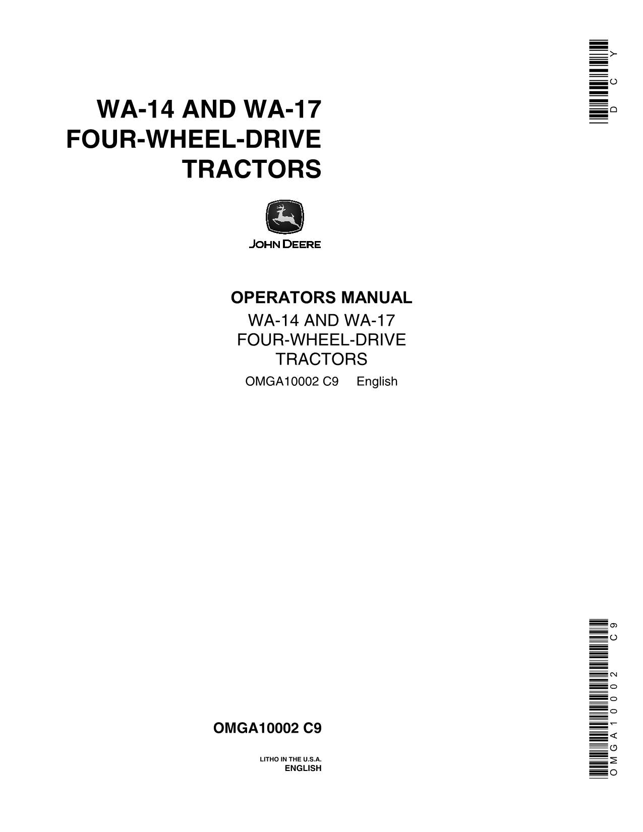 MANUEL D'UTILISATION DU TRACTEUR JOHN DEERE WA14 WA17