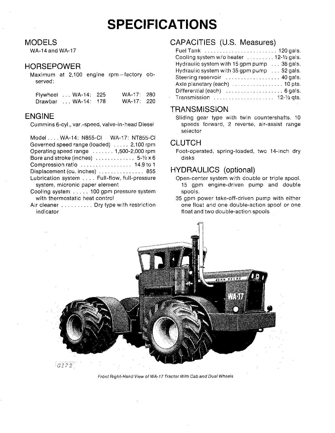 JOHN DEERE WA14 WA17 TRAKTOR-BETRIEBSHANDBUCH