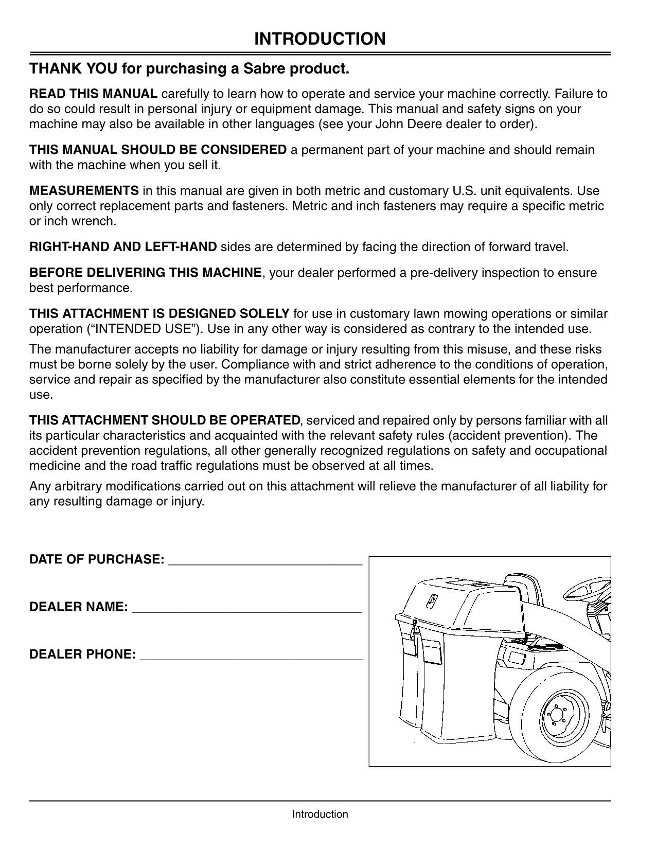 JOHN DEERE 1638H 38 INCH 42 INCH SABRE 1638HS SABRE TRACTOR OPERATORS MANUAL