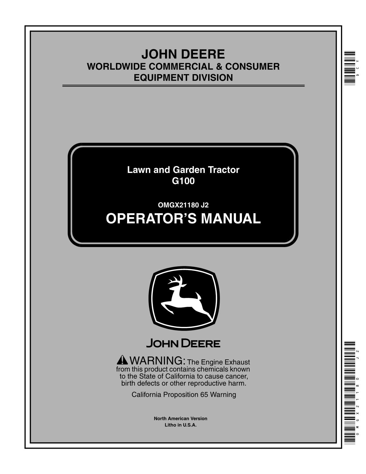 JOHN DEERE G100 TRACTOR OPERATORS MANUAL