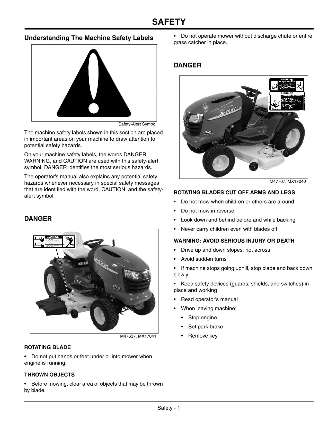 JOHN DEERE G100 TRACTOR OPERATORS MANUAL