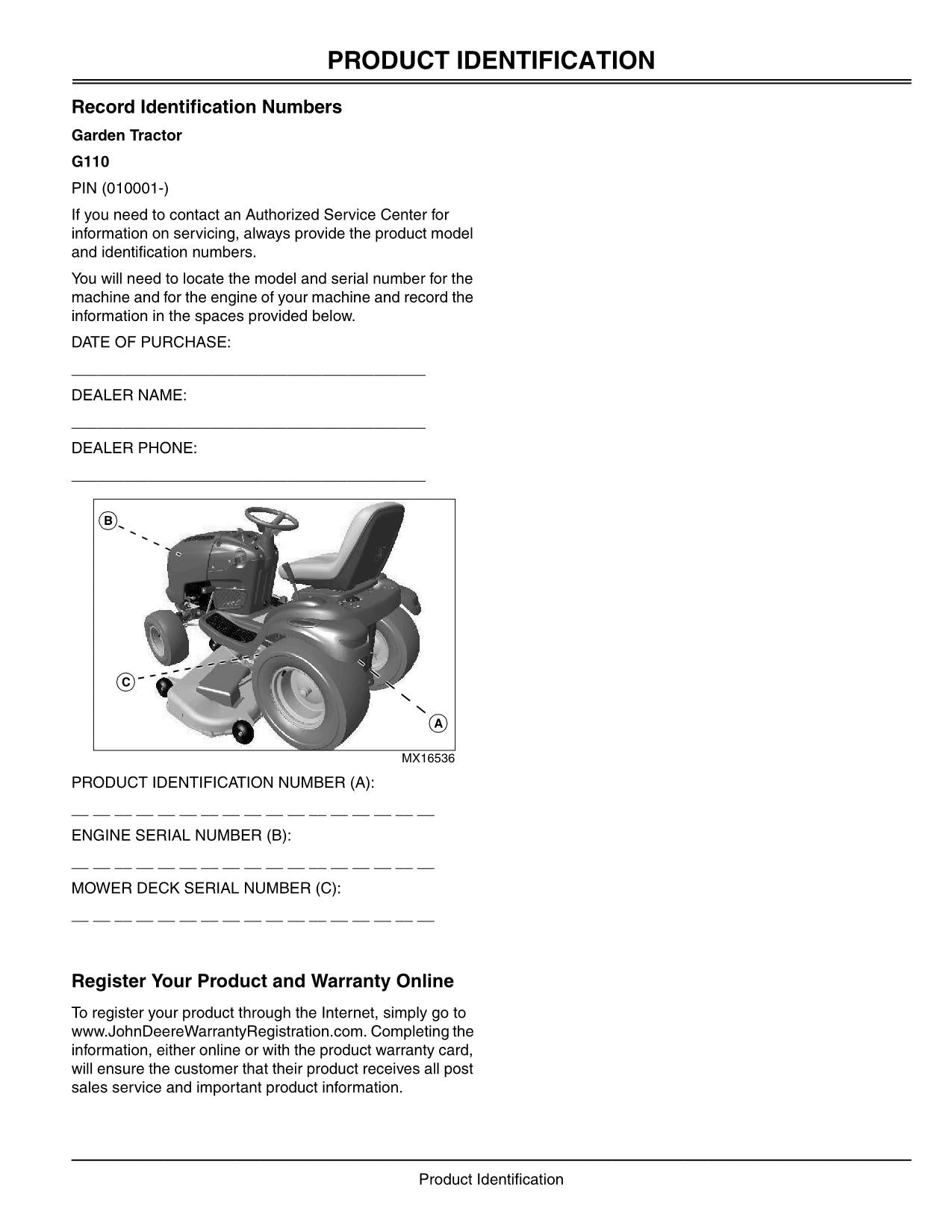 JOHN DEERE G110 TRACTOR OPERATORS MANUAL