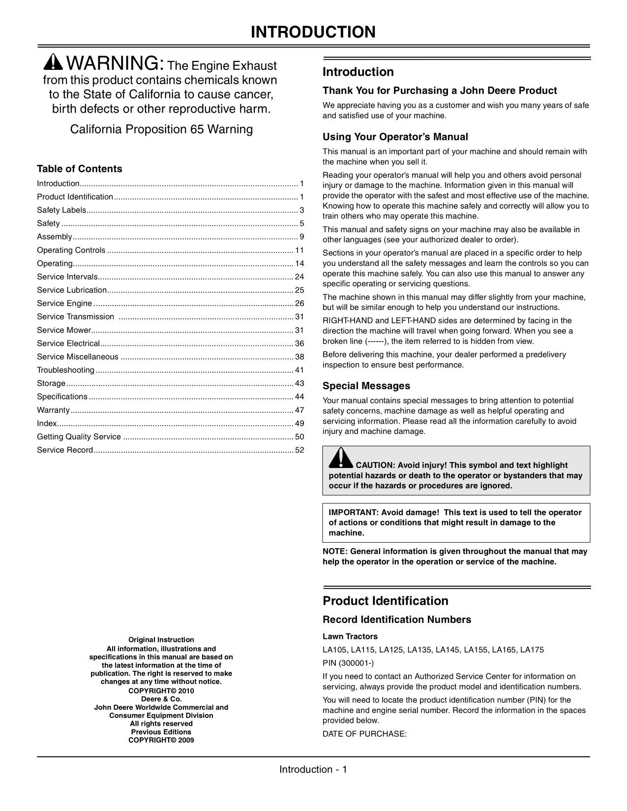 JOHN DEERE LA145 LA155 LA165 LA175 TRACTOR OPERATORS MANUAL