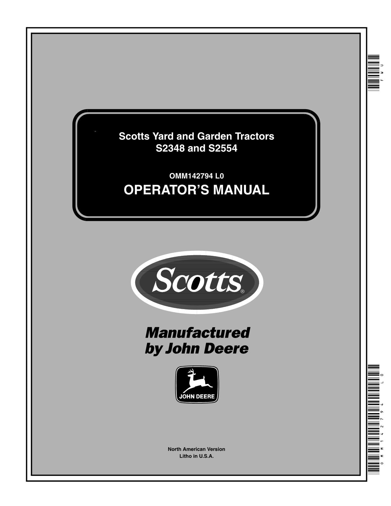 JOHN DEERE SCOTTS S2554 S2348 TRAKTOR-BETRIEBSHANDBUCH