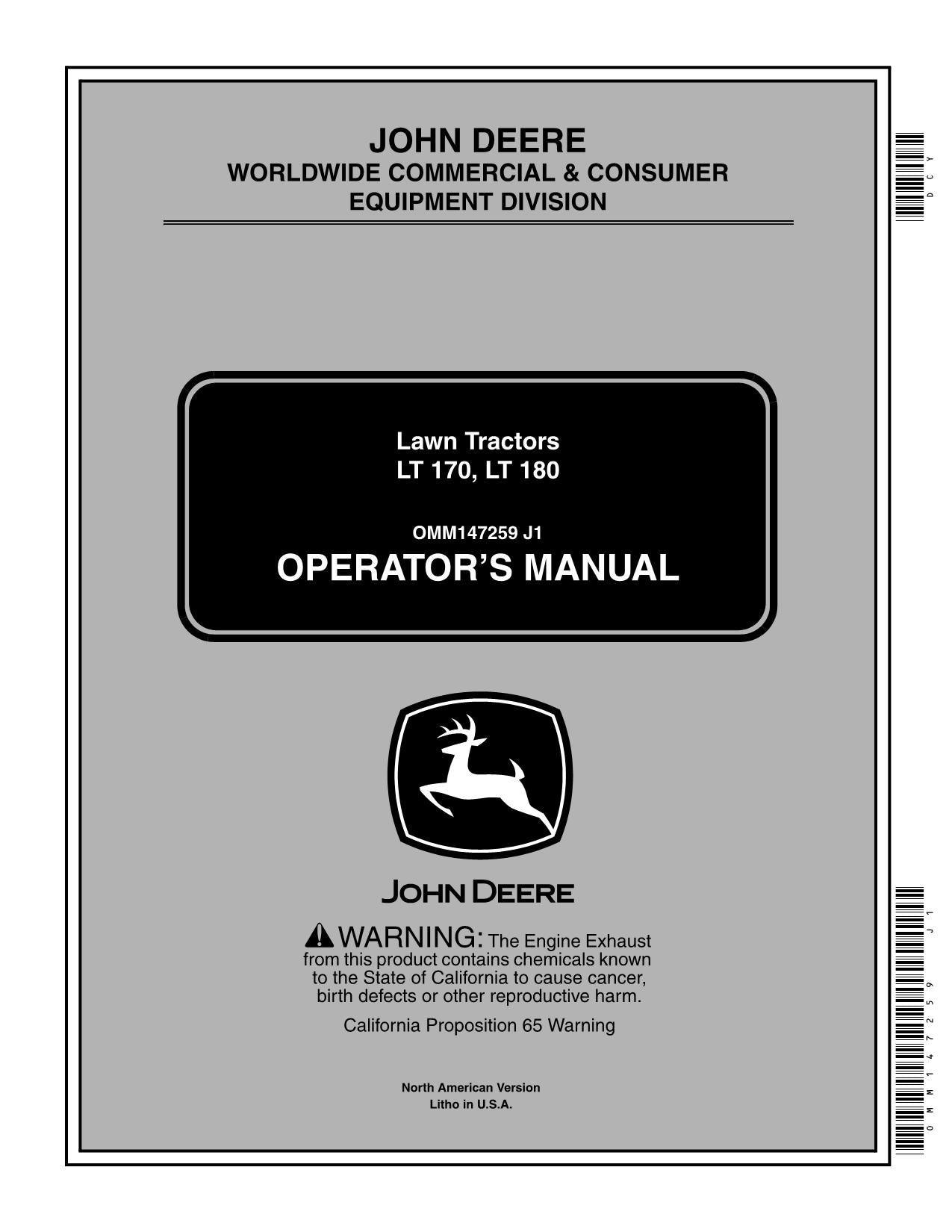 MANUEL D'UTILISATION DU TRACTEUR JOHN DEERE LT180 LT170