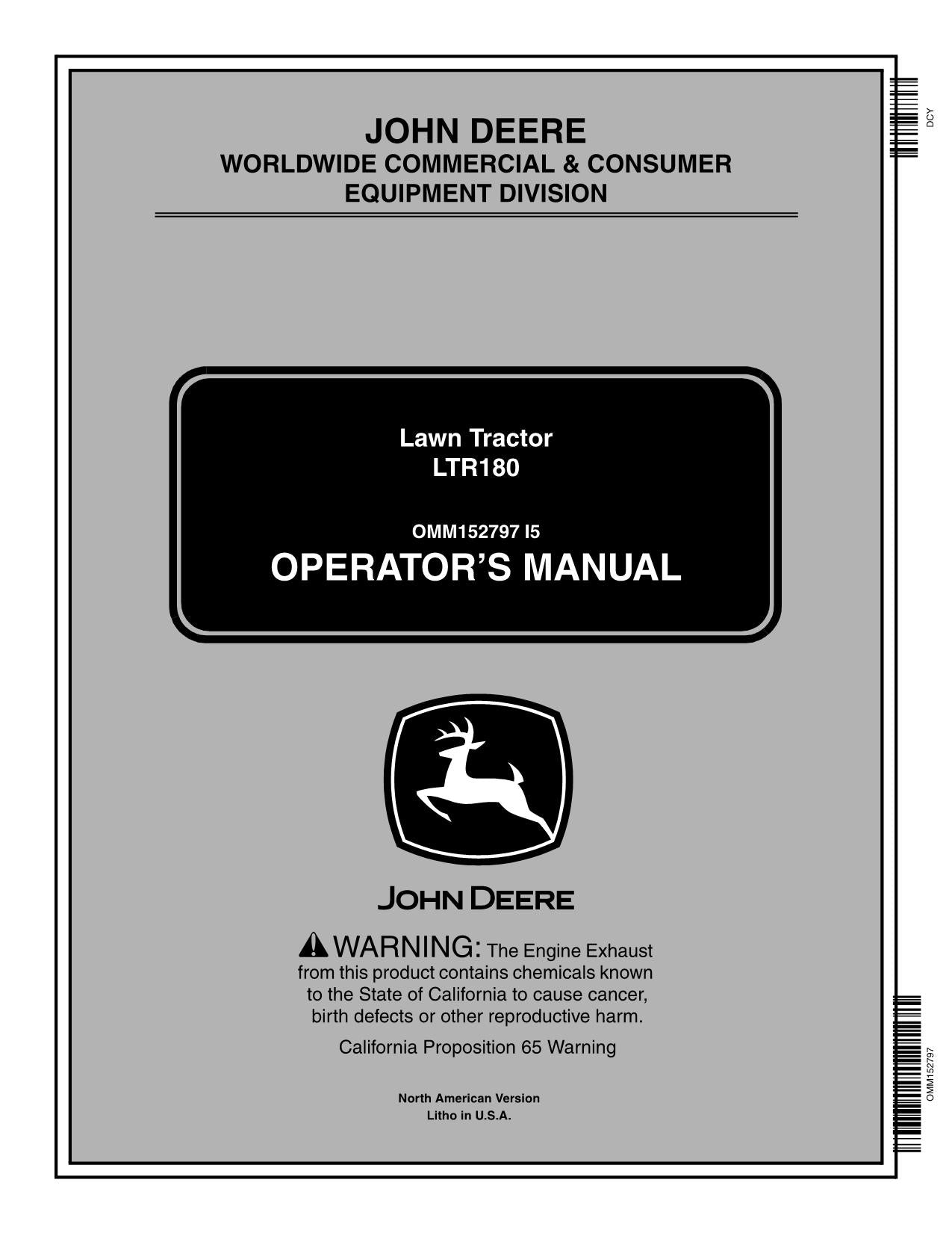 JOHN DEERE LTR180 TRACTOR OPERATORS MANUAL