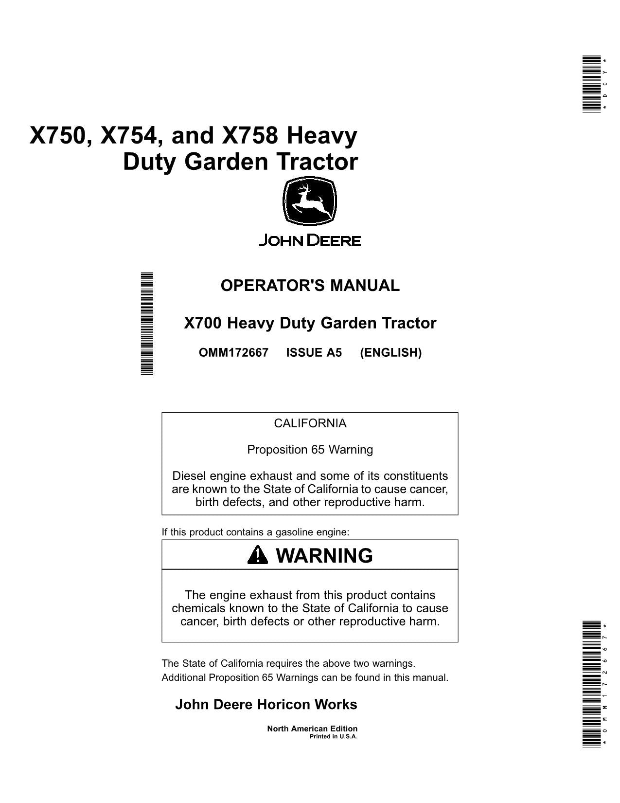 JOHN DEERE X750 X754 X758 TRACTOR OPERATORS MANUAL SER 030001 - 040000