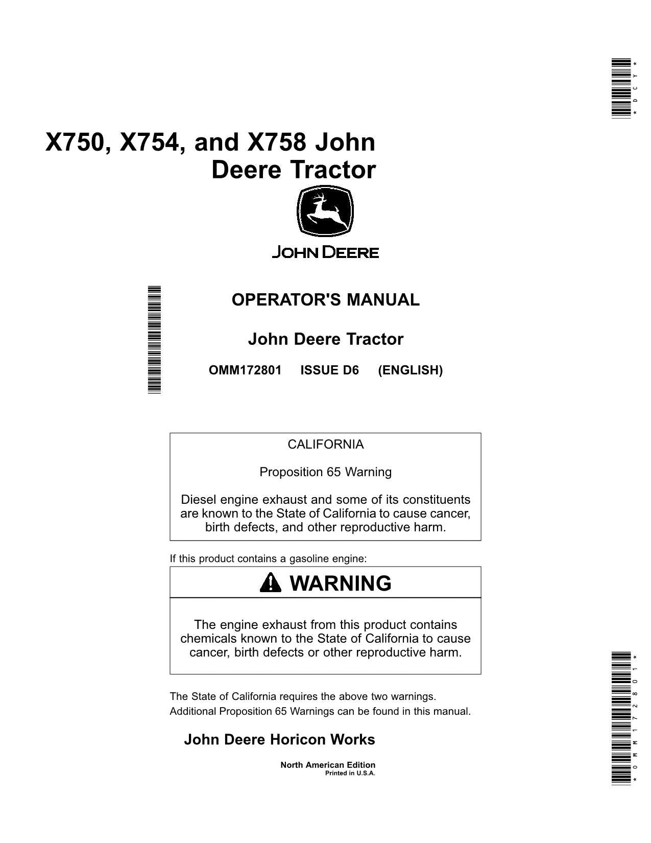 MANUEL D'UTILISATION DU TRACTEUR JOHN DEERE X750 X754 X758 SER 040001 - 050000