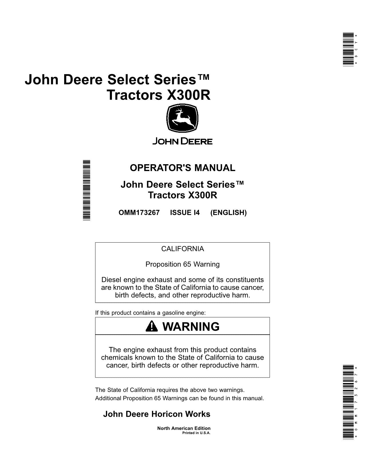 JOHN DEERE X300R TRACTOR OPERATORS MANUAL 280001-