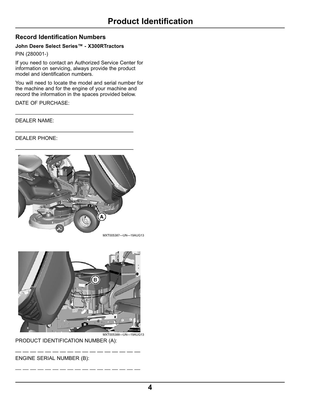 MANUEL D'UTILISATION DU TRACTEUR JOHN DEERE X300R 280001-