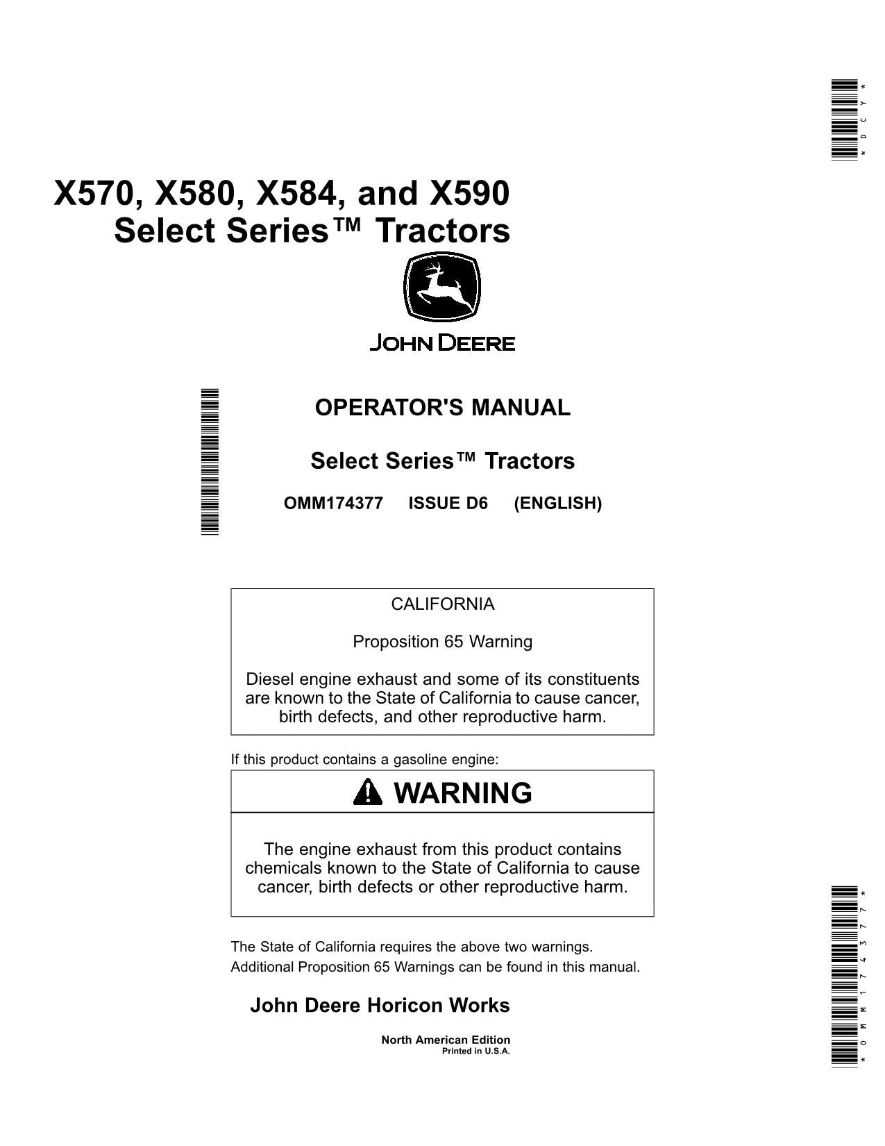 JOHN DEERE X570 X580 X584 X590 TRACTOR OPERATORS MANUAL