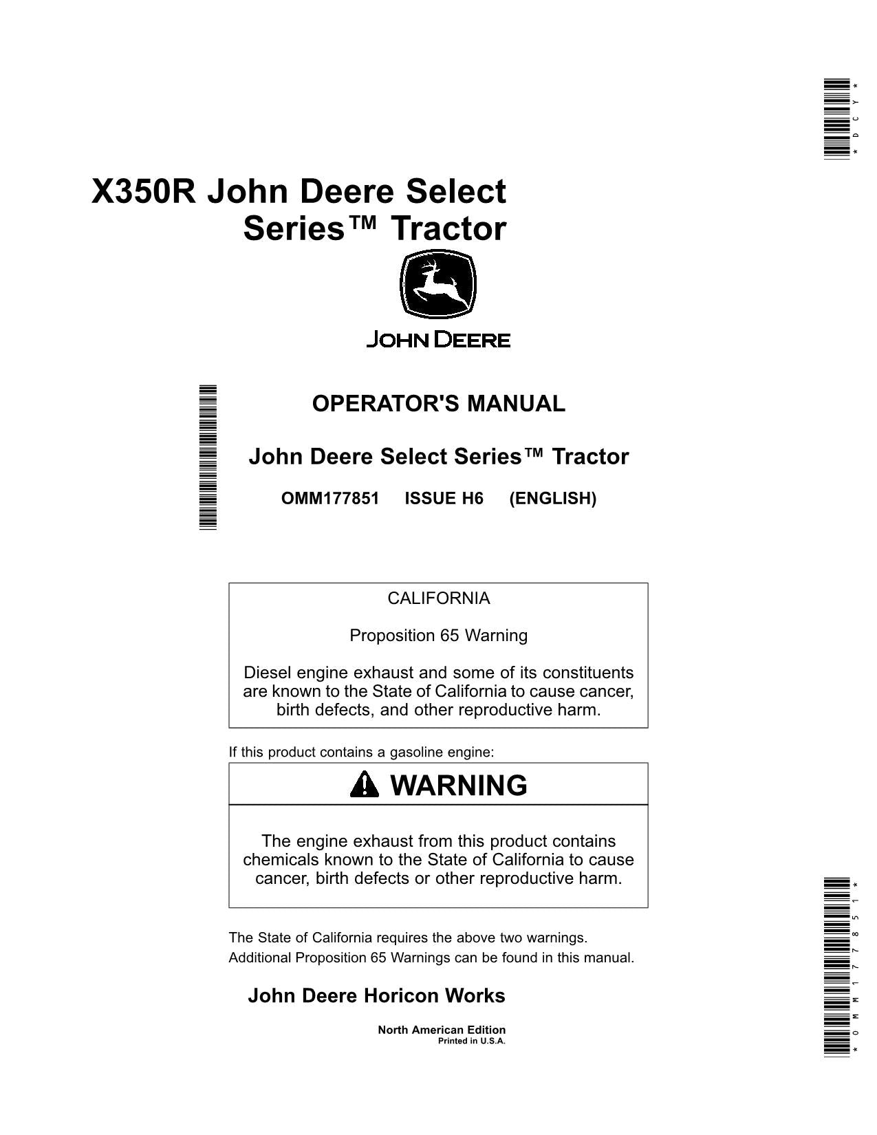 JOHN DEERE X350R TRACTOR OPERATORS MANUAL020001-