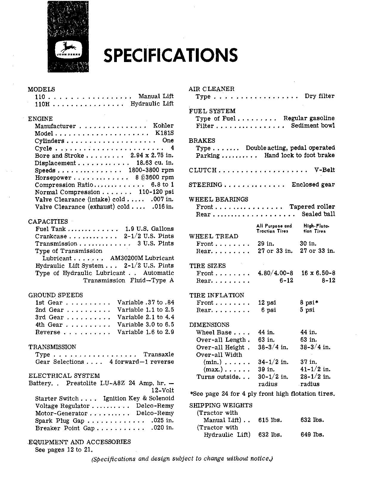 MANUEL D'UTILISATION DU TRACTEUR JOHN DEERE 110 110H ser.040001-065000