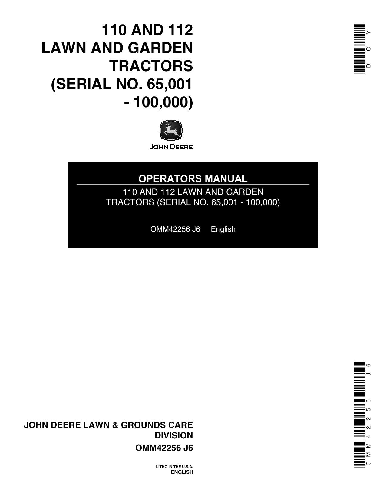 MANUEL D'UTILISATION DU TRACTEUR JOHN DEERE 110 112 112H 110H 065001-100000 -100000