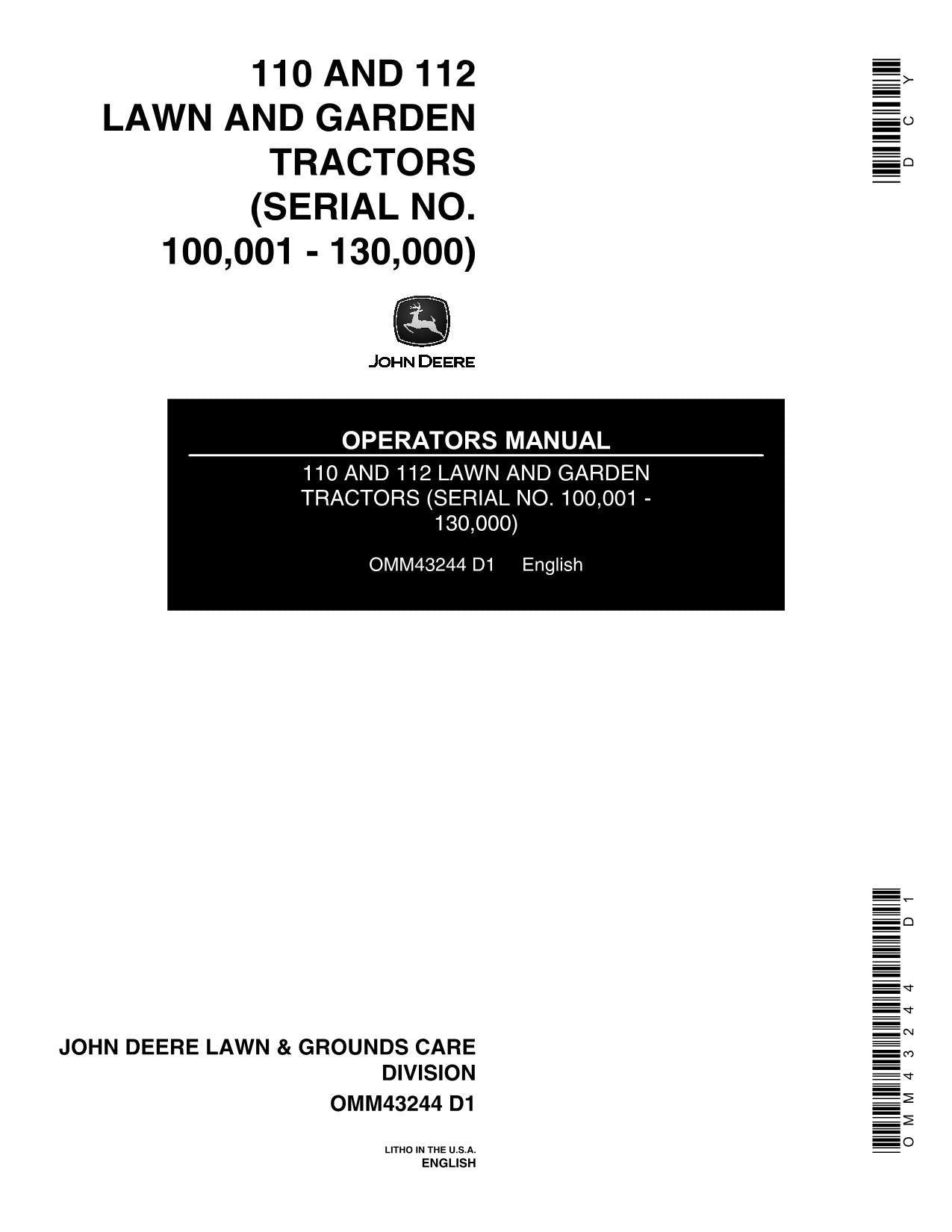 MANUEL D'UTILISATION DU TRACTEUR JOHN DEERE 110 112 112H 110H série 100001-130000