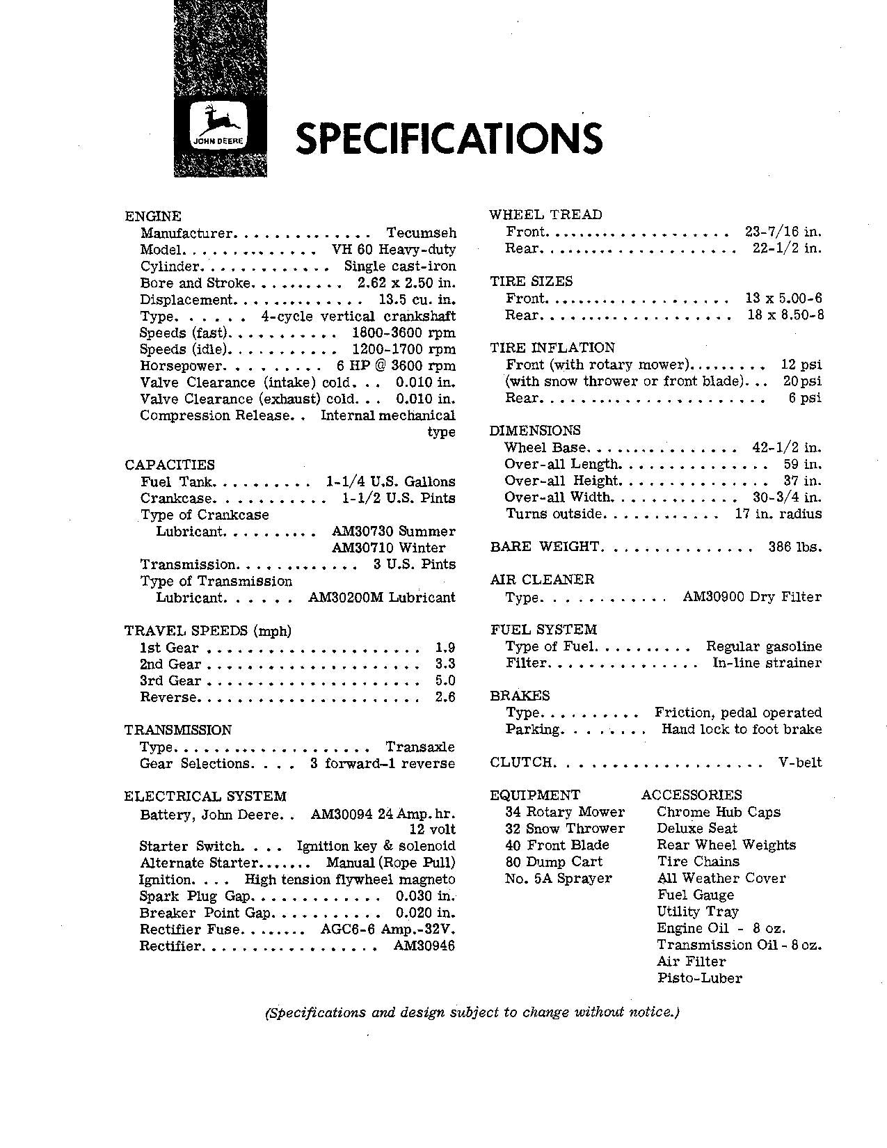 JOHN DEERE 60 TRACTOR OPERATORS MANUAL 020001-025000