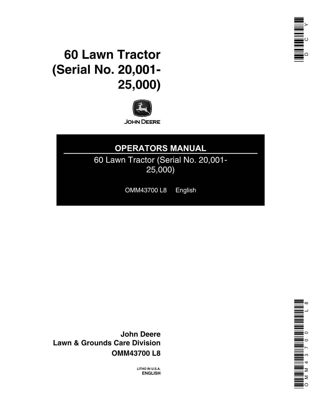 JOHN DEERE 60 TRACTOR OPERATORS MANUAL 020001-025000