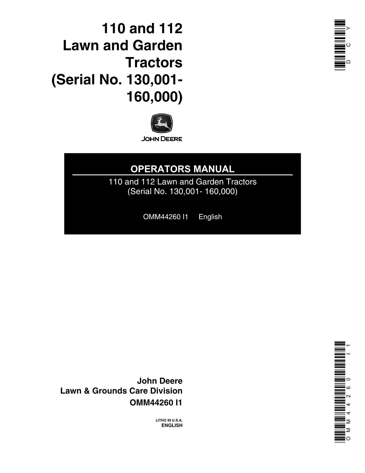 JOHN DEERE 110 112 112H 110H TRACTOR OPERATORS MANUAL ser. 130001-160000