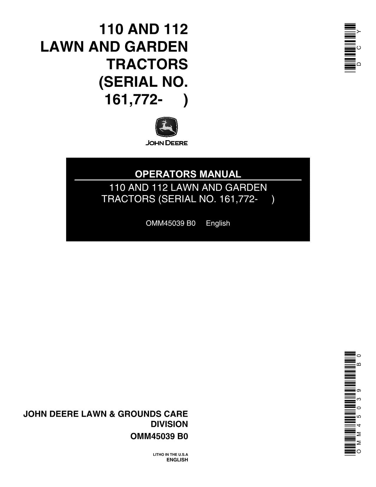 JOHN DEERE 110 112 112H 110H TRACTOR OPERATORS MANUAL SER 161772 - 185000