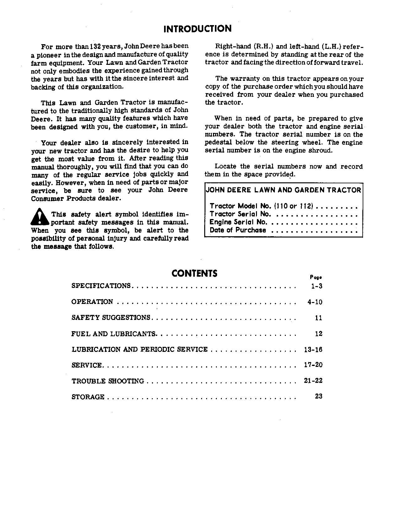 JOHN DEERE 110 112 112H 110H TRACTOR OPERATORS MANUAL SER 161772 - 185000