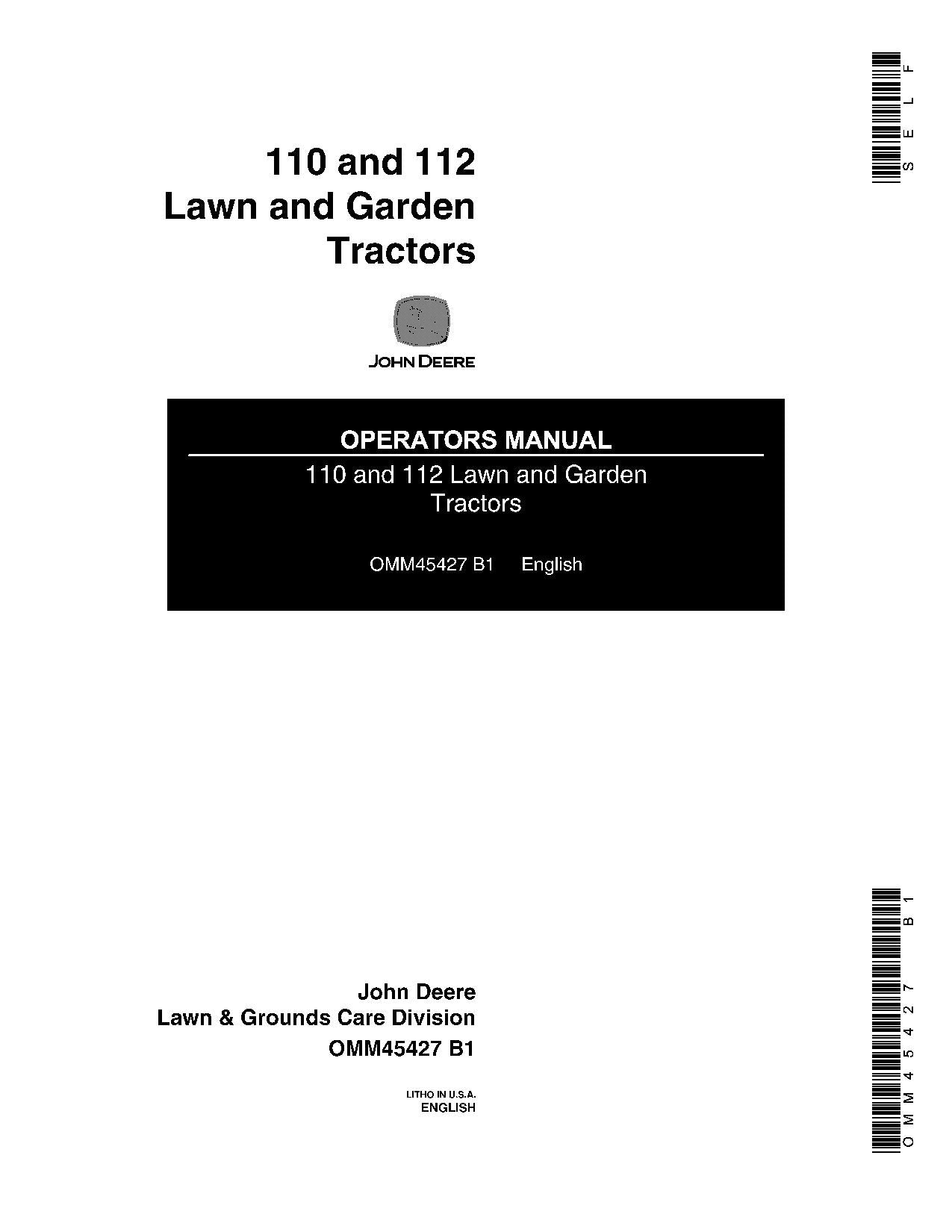 JOHN DEERE 110 112 112H 110H TRACTOR OPERATORS MANUAL SER 185001 - 250000