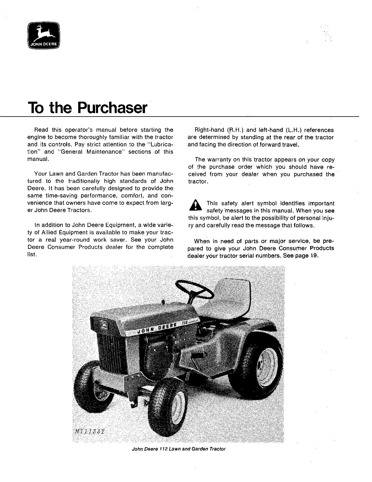 MANUEL D'UTILISATION DU TRACTEUR JOHN DEERE 112 série 250001-260000