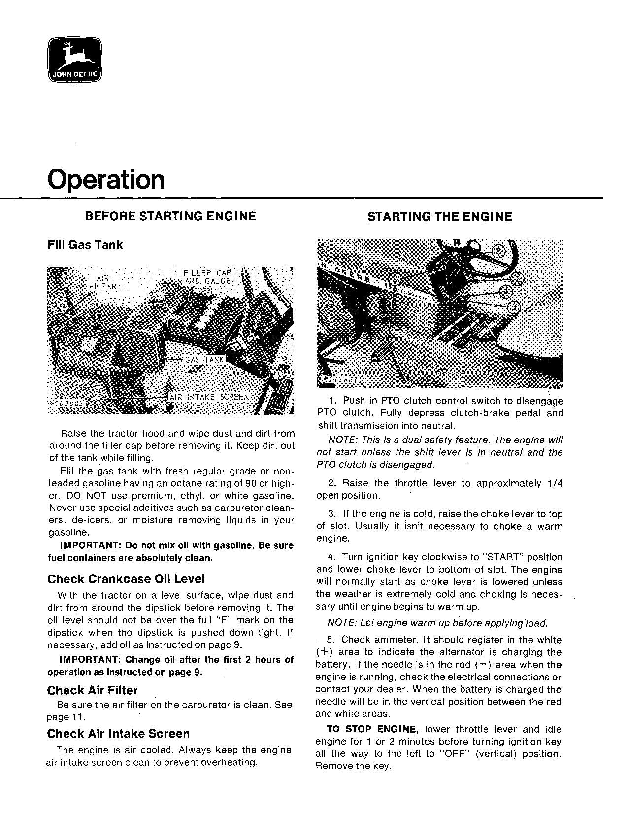 MANUEL D'UTILISATION DU TRACTEUR JOHN DEERE 112 série 250001-260000