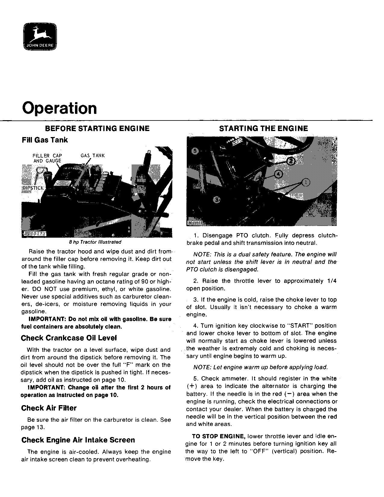 MANUEL D'UTILISATION DU TRACTEUR JOHN DEERE 110 110H SER 250001-272000