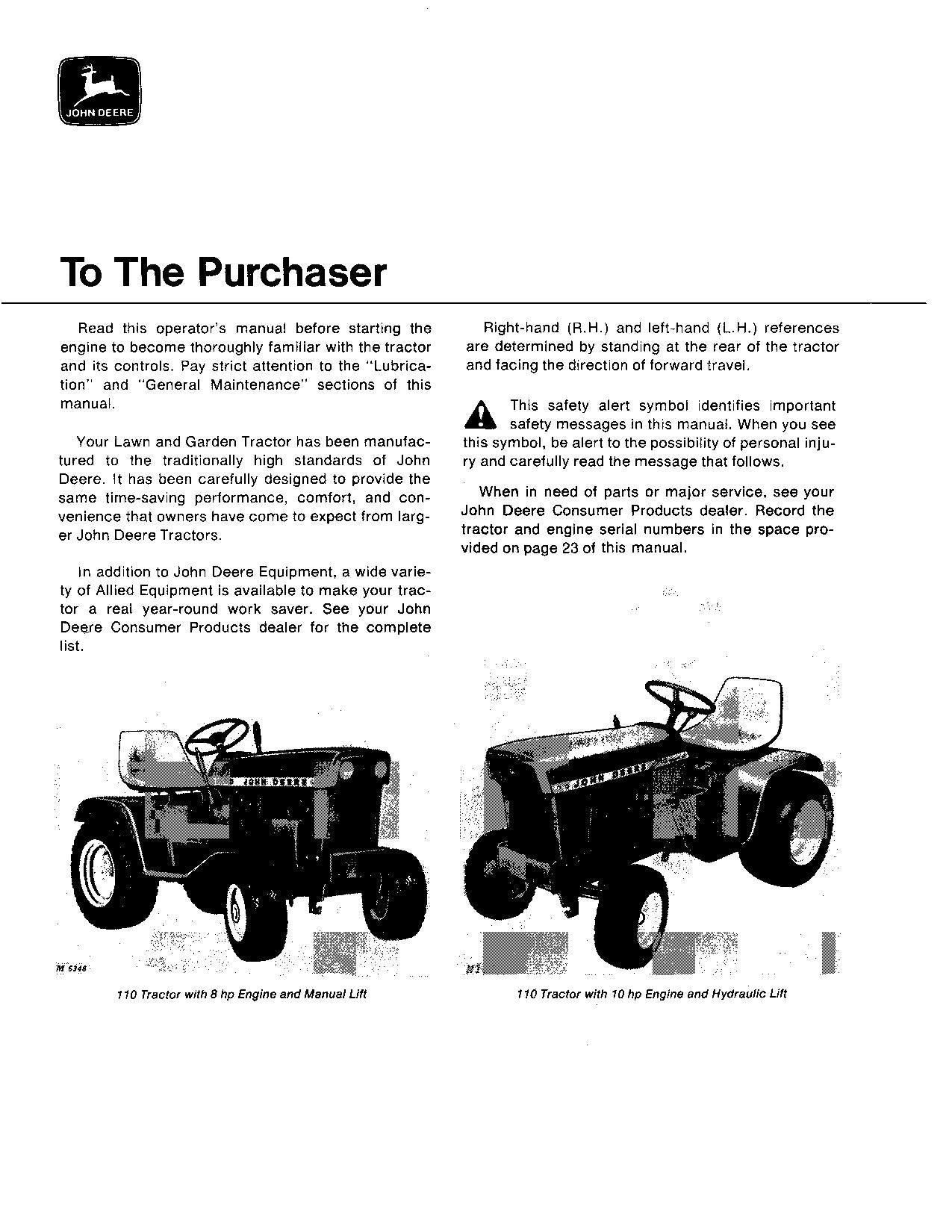 JOHN DEERE 110 110H TRACTOR OPERATORS MANUAL SER 250001-272000