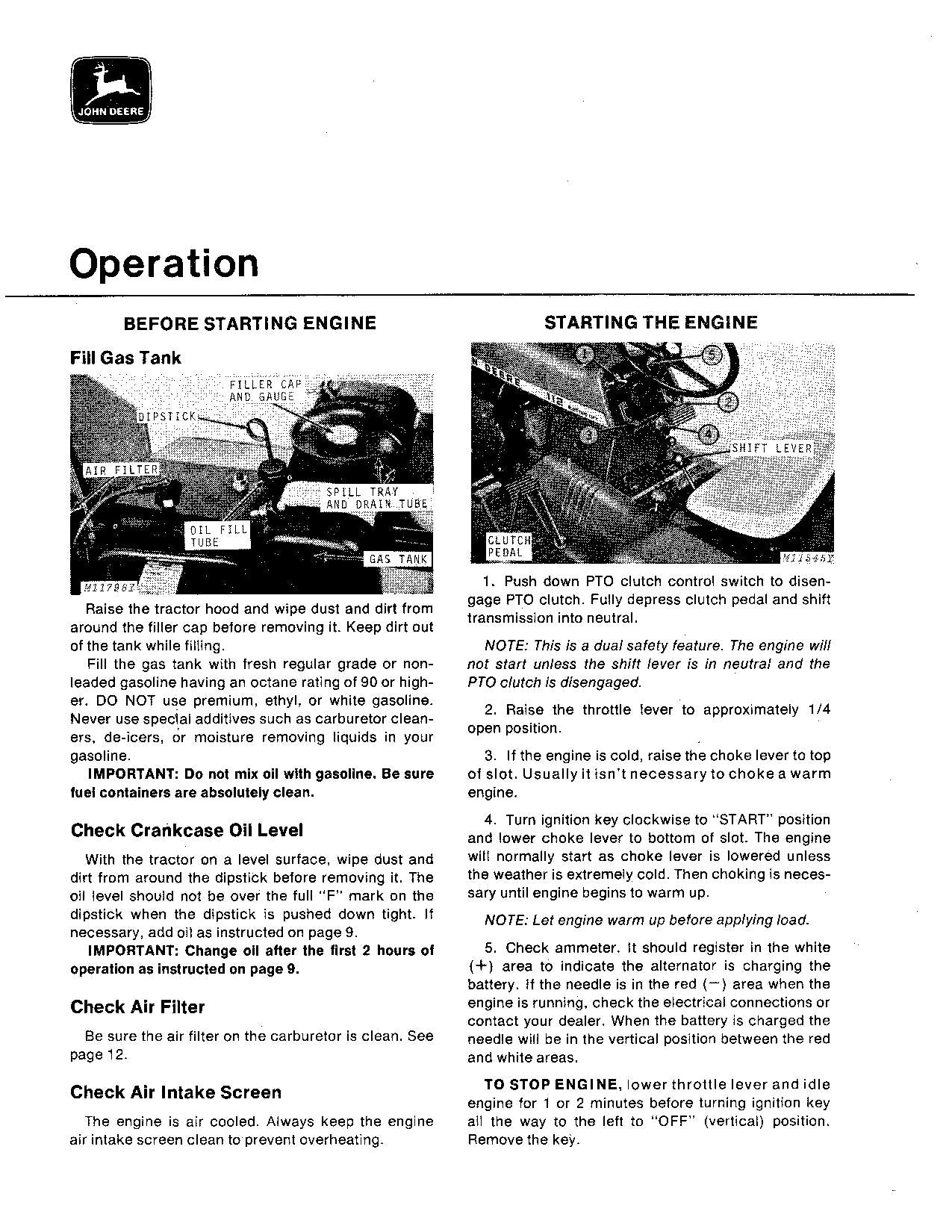 MANUEL D'UTILISATION DU TRACTEUR JOHN DEERE 112 ser.260001-300000