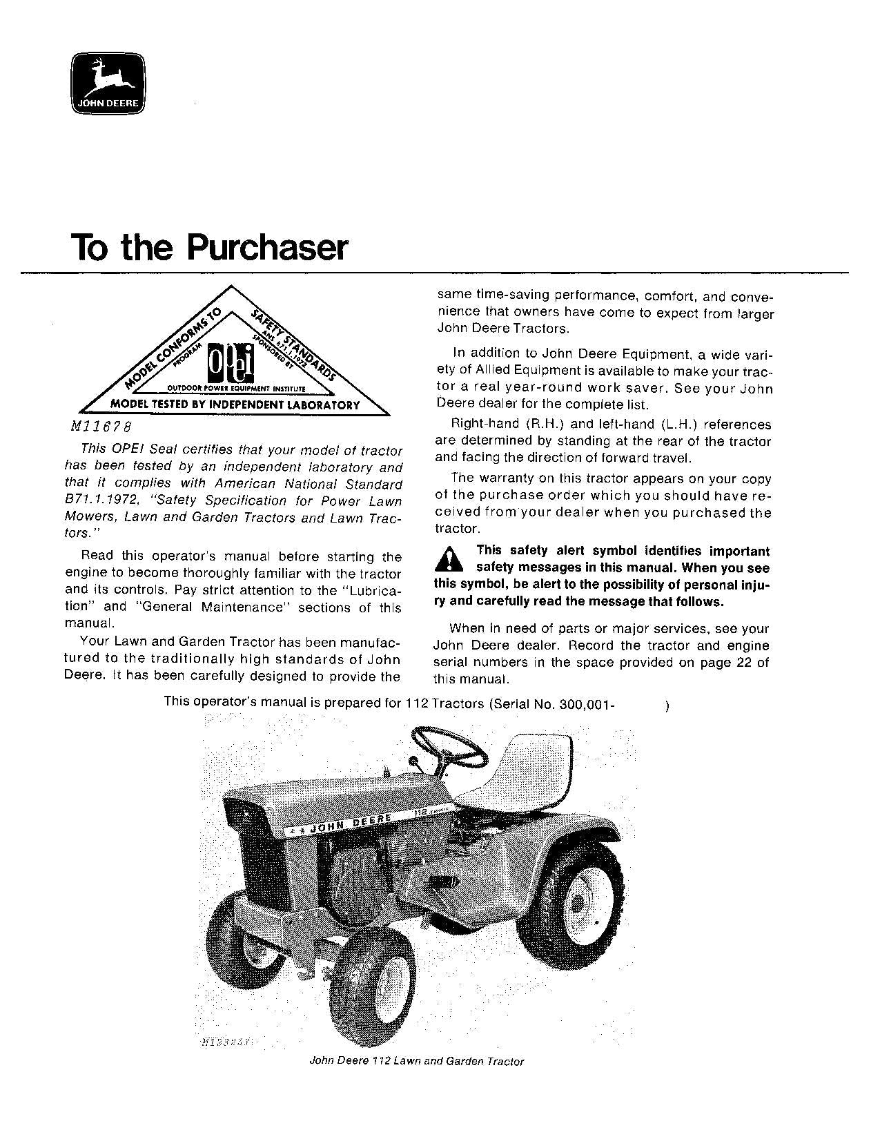 JOHN DEERE 112 TRACTOR OPERATORS MANUAL SER 300001 - 315000