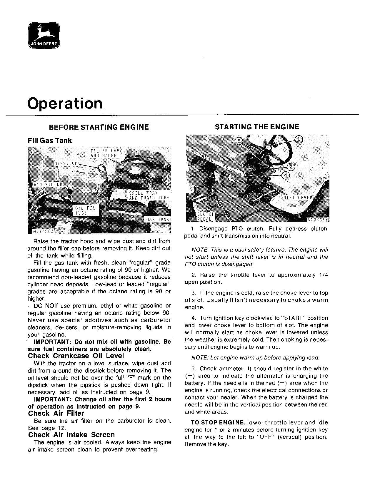 MANUEL D'UTILISATION DU TRACTEUR JOHN DEERE 112 SER 300001 - 315000