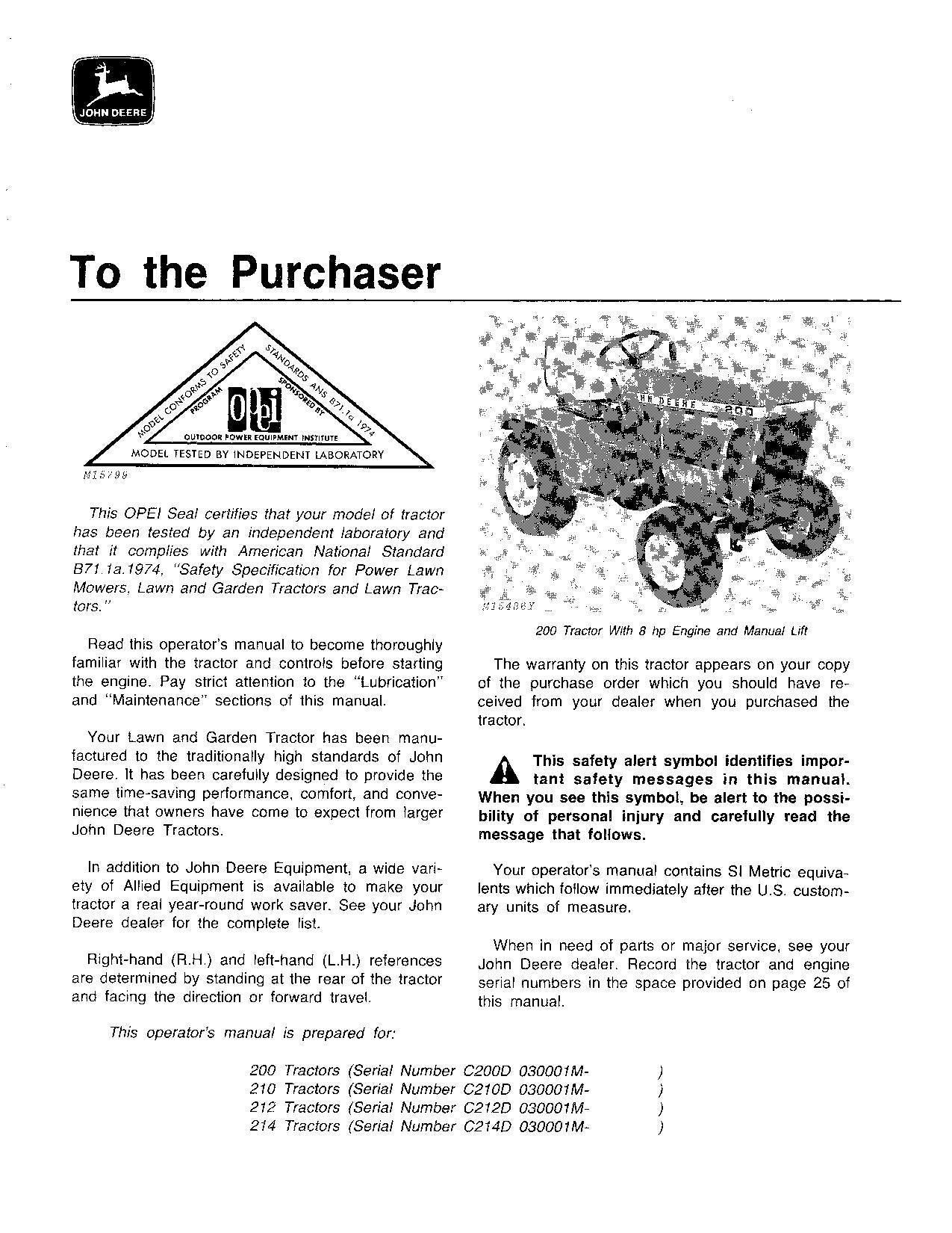 JOHN DEERE 200 210 212 214 TRACTOR OPERATORS MANUAL