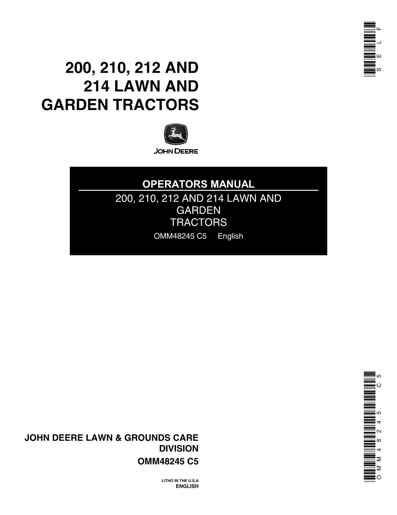 JOHN DEERE 200 210 212 214 TRACTOR OPERATORS MANUAL