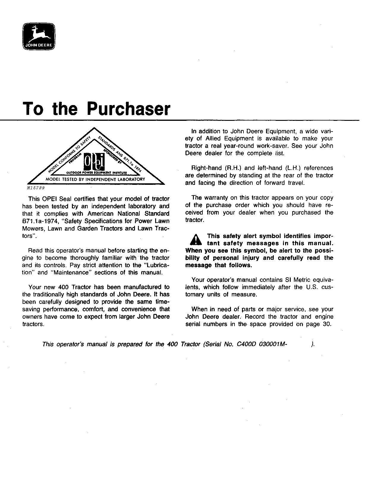 JOHN DEERE 400 TRACTOR OPERATORS MANUAL SER 030001-