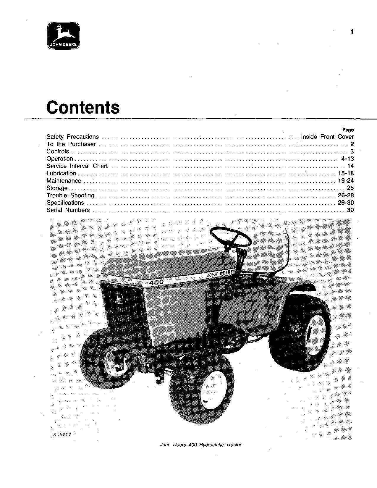 MANUEL D'UTILISATION DU TRACTEUR JOHN DEERE 400 SER 030001-