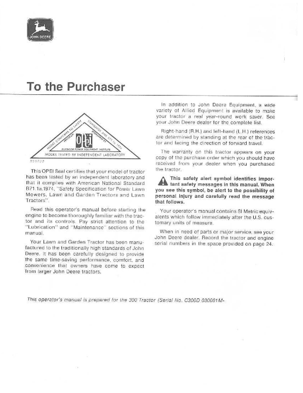 JOHN DEERE 300 TRACTOR OPERATORS MANUAL -055000