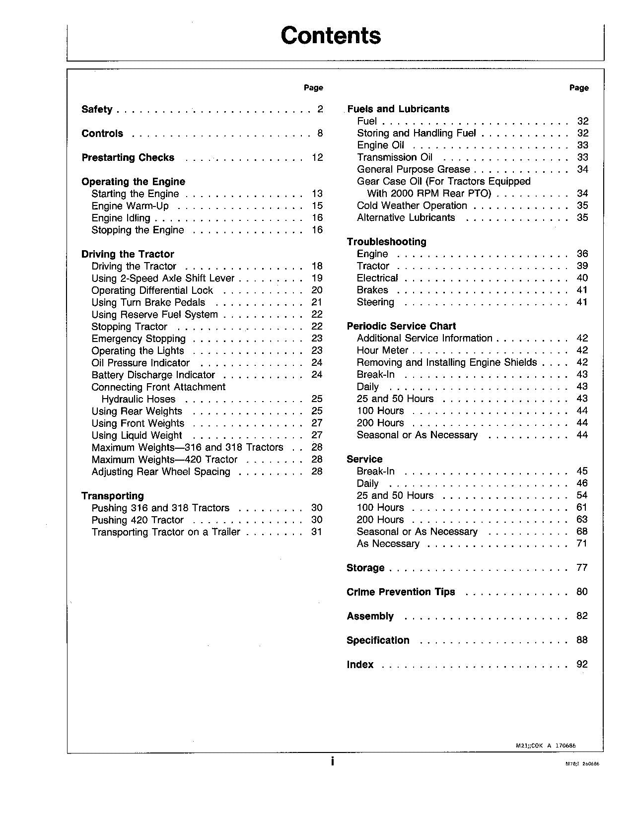 JOHN DEERE 316 318 420 TRACTOR OPERATORS MANUAL 420001-475000