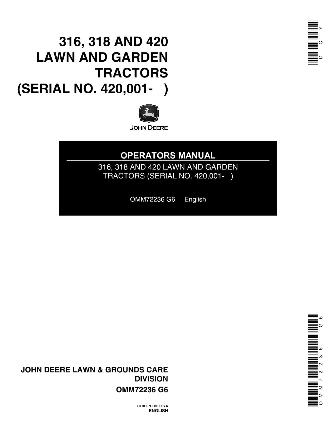 JOHN DEERE 316 318 420 TRACTOR OPERATORS MANUAL 420001-475000