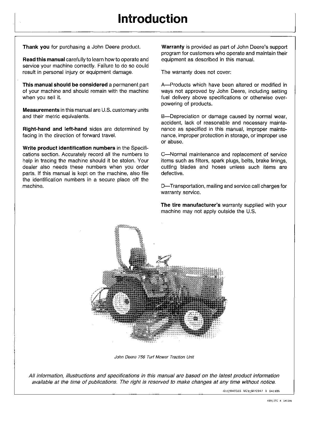 MANUEL D'UTILISATION DU TRACTEUR JOHN DEERE 756 856 -475000